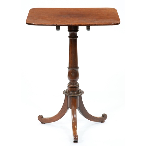 1290 - A mahogany tripod table, the plum pudding mahogany tip-up top on turned pillar with associated base ... 