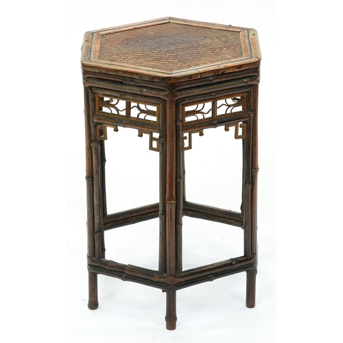 1295 - A Chinese export bamboo and rattan hexagonal occasional table, 19th c, 49cm h; 37 x 37cm... 