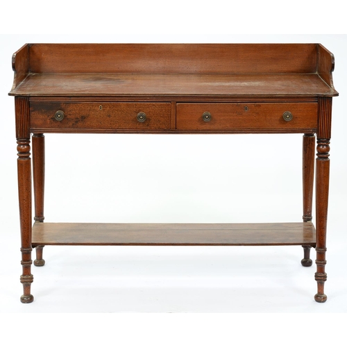 1301 - An early Victorian mahogany washstand, fitted with two drawers between reeded tablets, on tapering t... 