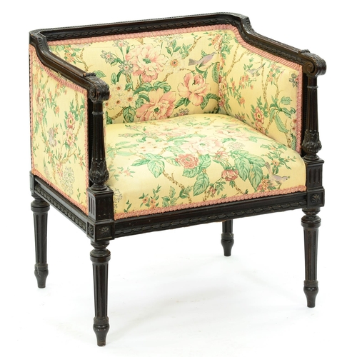 1303 - A carved mahogany boudoir seat, c1900, in Louis XVI style, the beaded frame terminating in acanthus ... 