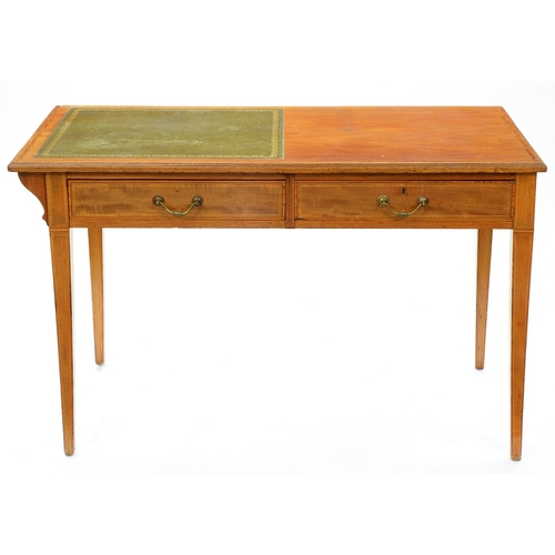 1308 - An Edwardian Sheraton revival two drawer writing table, c1910, the rectangular top with strung borde... 