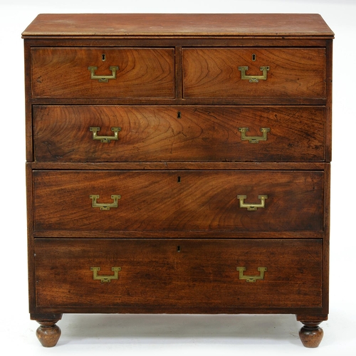 1309 - A Victorian teak military or campaign chest, c1850, with recessed brass handles ad two pairs of bras... 