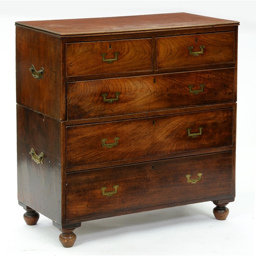 1309 - A Victorian teak military or campaign chest, c1850, with recessed brass handles ad two pairs of bras... 