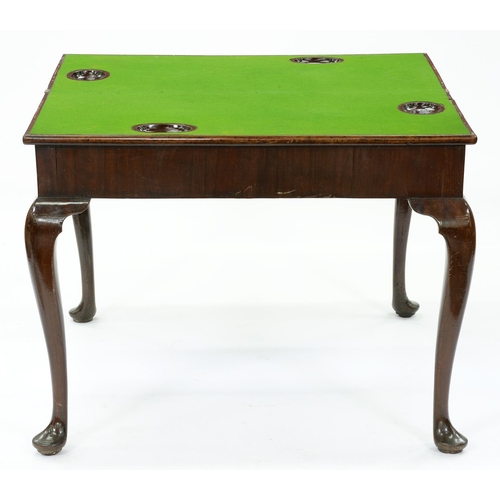 1312 - A George III concertina-action mahogany card table, mid 18th c, the top with counter wells, on cabri... 