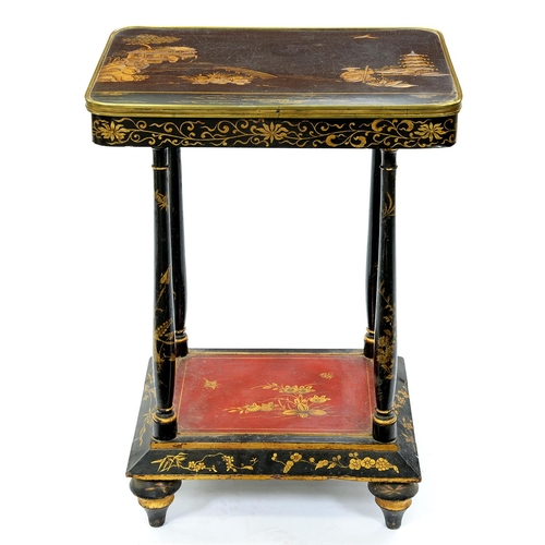 1314 - A Regency chinoiserie japanned lamp table, early 19th c, with brass rim, on associated base and turn... 