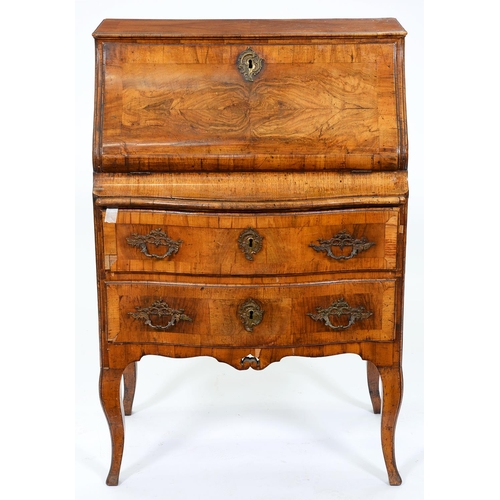 1316 - An Italian walnut bureau, c1760, crossbanded throughout, the figured, quarter veneered serpentine fl... 