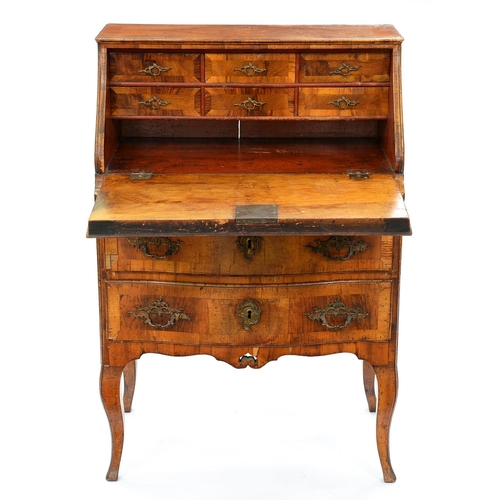 1316 - An Italian walnut bureau, c1760, crossbanded throughout, the figured, quarter veneered serpentine fl... 