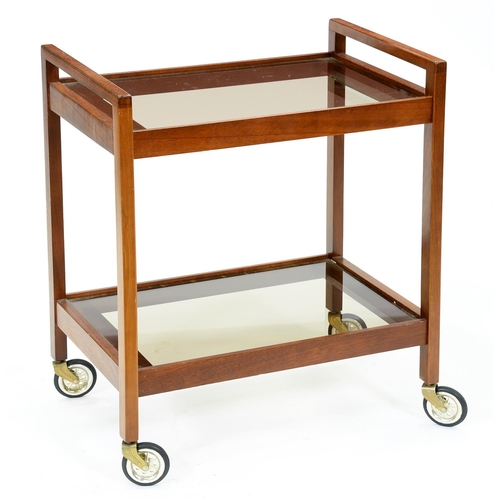 1324 - A mid century teak tea trolley,  with smoke glass tiers, 72cm h; 42 x 62cm