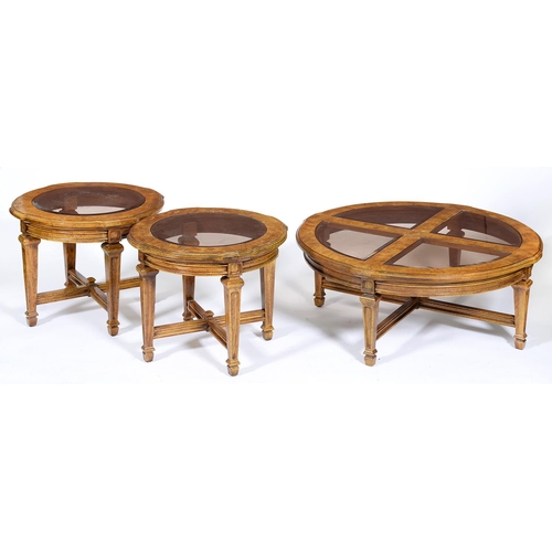 1328 - A round walnut coffee table,  with four bevelled smoke glass quadrant lights to the top, 43cm h, 104... 