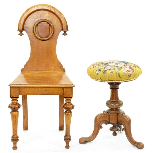 1332 - A Victorian  oak hall chair with arched back, on turned legs with beaded collar, seat height 43cm an... 