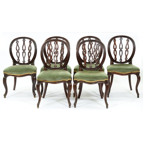 1350 - A set of six Victorian mahogany dining chairs, in George III style, the moulded, curved oval back wi... 