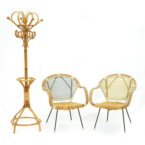 1361 - A pair of bamboo and plastic armchairs, on metal rod legs, 1960s, seat height 68cm and a bamboo hat ... 