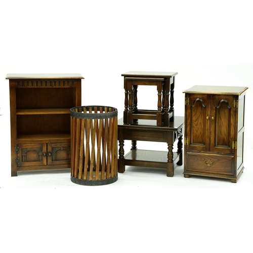 1373 - A cylindrical steel and teak slatted bin,  62cm h, 40cm diam, a dwarf oak open bookcase and three ot... 