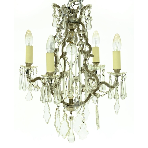 1380 - A glass and plated metal four branch chandelier, 20th c, in French 18th c style, festooned with bead... 