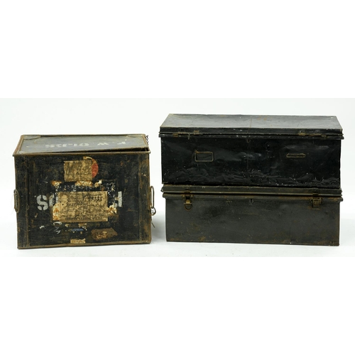 1381 - Two black japanned trunks and a box, early 20th c,  various sizes