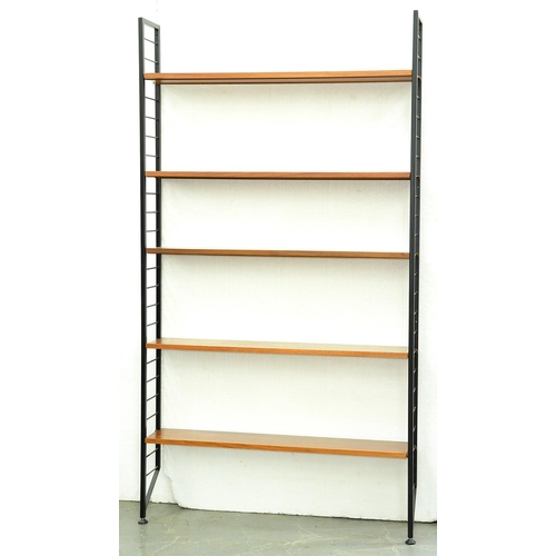 1384 - A Ladderax black painted metal and teak modular shelving unit, c1970 of five shelves, 201cm h, 20 x ... 