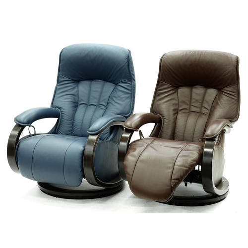 1395 - Two Himolla reclining and rotating armchairs,  in blue or brown leather