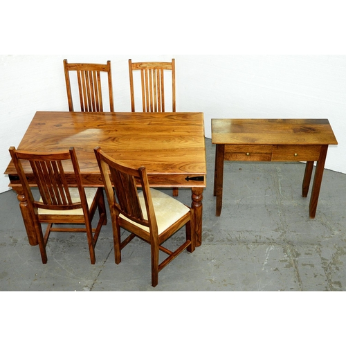 1396 - A South East Asian hardwood dining table,   on turned legs and a set of four chairs, seat height 49c... 