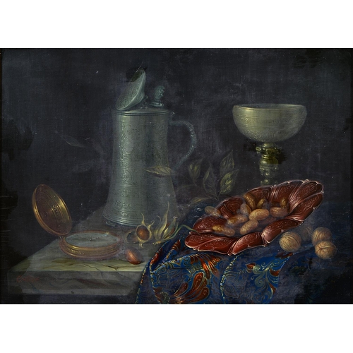 621 - 20th c School - Still Life with Nuts,  a Tankard and Gold Watch on a Cloth Covered Marble Ledge, wit... 