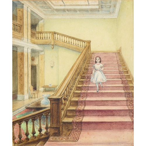 622 - English School, late 19th c - Interior with a Young Girl on a Staircase, inscribed verso Duckham, pe... 