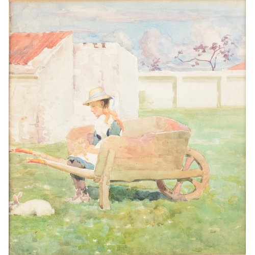 630 - John MacWhirter RA, RSW (1839-1911) - Girl on a Wheelbarrow with a White Rabbit, signed with initial... 