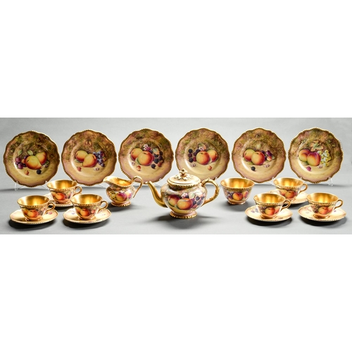 137 - A Royal Worcester tea service, c1970, painted by P Platt, signed, with an all over still life of fru... 