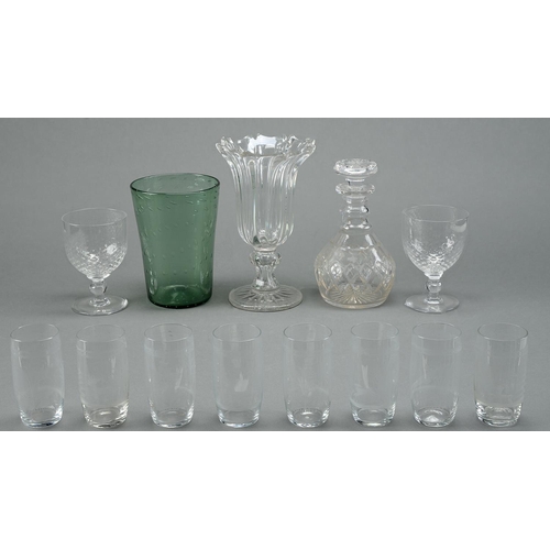 145 - A pair of Victorian dimpled glass rummers, 15cm h, a celery glass, set of eight beakers, wheel engra... 
