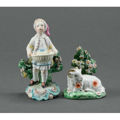 148 - A Derby figure of a boy, c1770,  holding a basket before an apron and wearing a puce cap, on turquoi... 