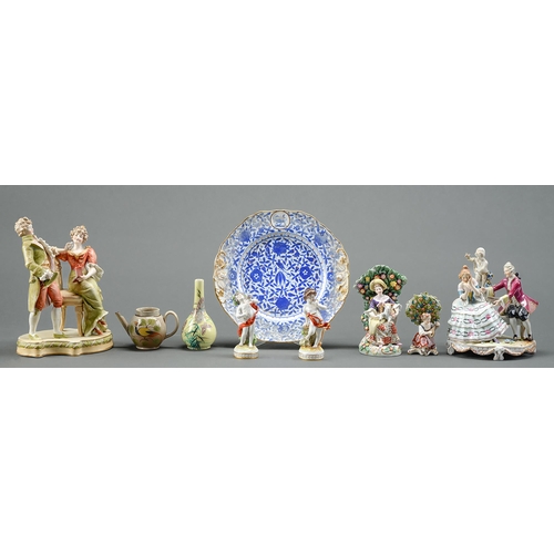 157 - A miniature Pratt ware teapot, c1810, painted with a bird on a branch, 70mm h, two and a pair of Con... 