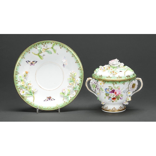 167 - A Staffordshire floral encrusted two handed cup, cover and stand, c1840,  painted with butterflies i... 