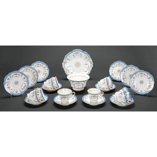 168 - A John Ridgway tea and coffee service, c1850,  printed and painted with flowers beneath turquoise bo... 