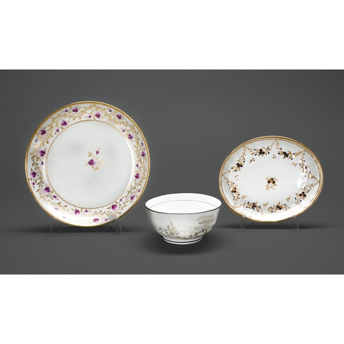 177 - A New Hall fluted oval blue and gilt teapot stand, c1790, 17cm l, pattern No 245, a New Hall saucer ... 