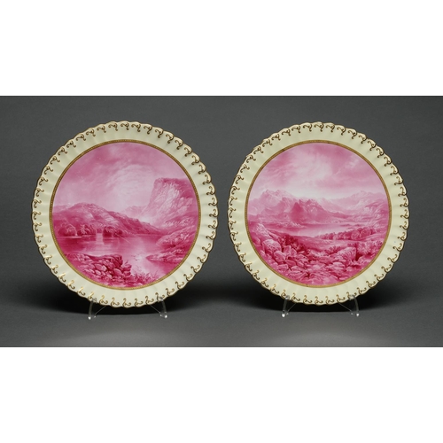 178 - A pair of E J D Bodley dessert plates, c1880-1892, painted by J Birbeck, both signed, with landscape... 