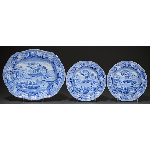 26 - A Minton blue printed earthenware Italian Ruins pattern dish and two soup plates, c1825, dish 37.5cm... 