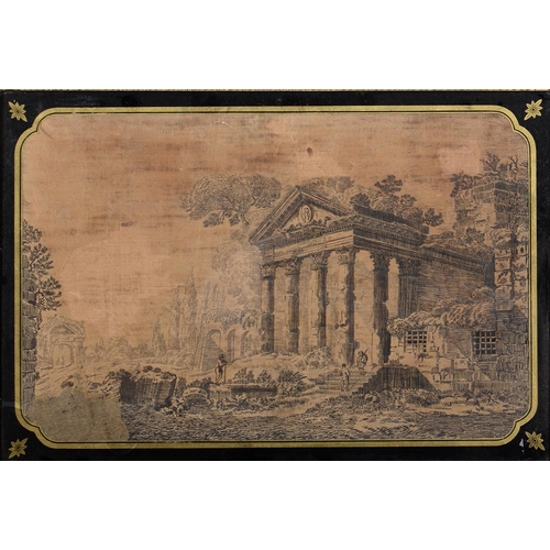 520 - A Regency silk picture, worked en grisaille with figures near classical ruins, 31.5 x 49.5cm, verre ... 