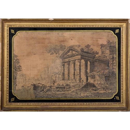 520 - A Regency silk picture, worked en grisaille with figures near classical ruins, 31.5 x 49.5cm, verre ... 