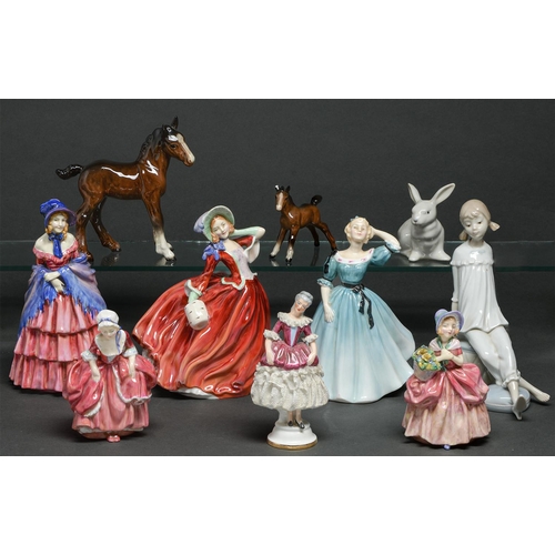 67 - Ten Royal Doulton, Beswick and other bone china and earthenware figures of young women and animals, ... 