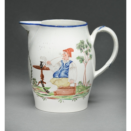 68 - An English barrel shaped creamware jug, late 18th c, painted with an exterior scene of a pipe smoker... 