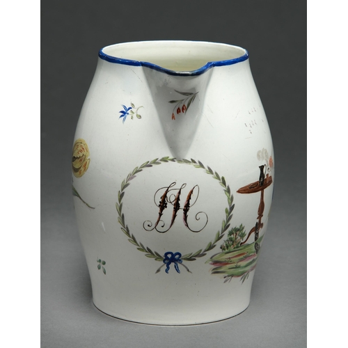 68 - An English barrel shaped creamware jug, late 18th c, painted with an exterior scene of a pipe smoker... 