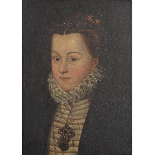 727 - Follower of Antonis Mor - Portrait of a Lady, head and shoulders, 31 x 22.5cm, with inscription in a... 