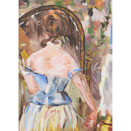 743 - 20th c School - Woman before a Mirror, oil on paper, 29.5 x 21cm