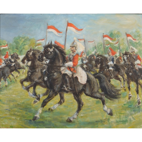 745 - Helen Collins (1921-1990) - Musical Ride, signed, signed again and inscribed verso, oil on canvas bo... 