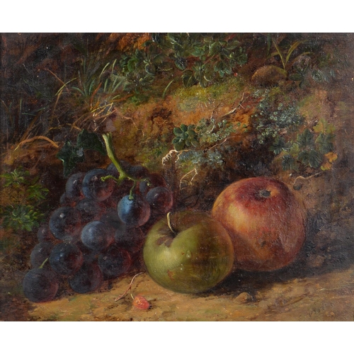 747 - Victorian School - Still Life with Apples and Black Grapes on a Mossy Bank, indistinctly signed, oil... 