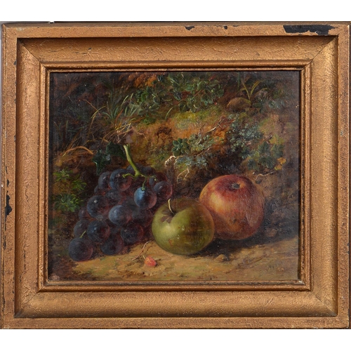 747 - Victorian School - Still Life with Apples and Black Grapes on a Mossy Bank, indistinctly signed, oil... 