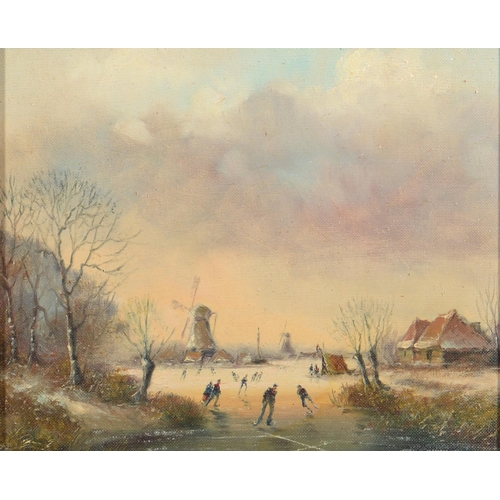 749 - Dutch School, 20th c - Winter Scene with Skaters on a Frozen River, oil on canvas board, 23.5 x 28.5... 