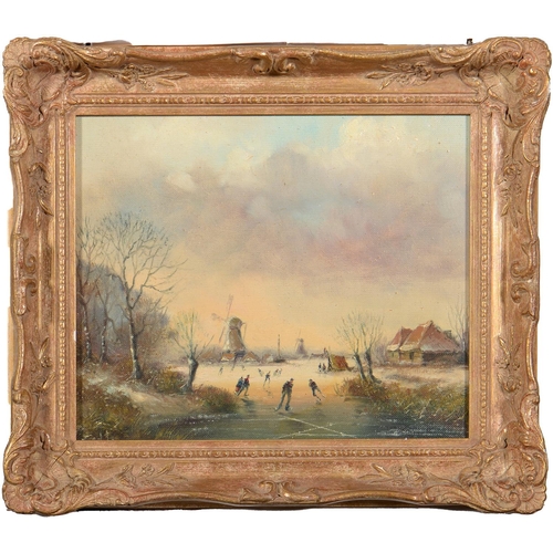 749 - Dutch School, 20th c - Winter Scene with Skaters on a Frozen River, oil on canvas board, 23.5 x 28.5... 