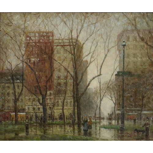 750 - French School, 20th c - Paris in the Rain, signed *artin, oil on panel, 19 x 24cm