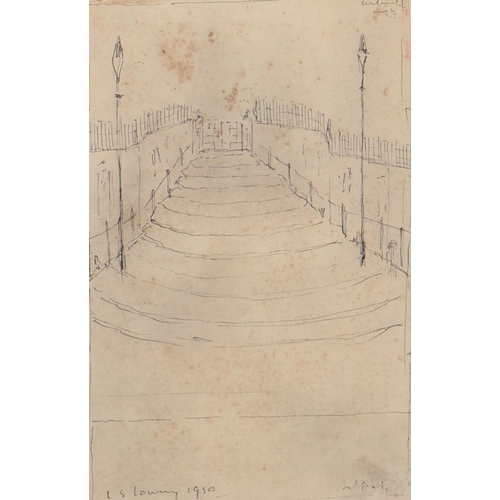 753 - Manner of Lowry - Steps, bears signature, date and inscription, pen and ink, 20 x 12.5cm... 