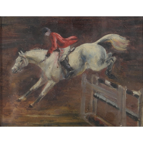 767 - Manner of Sir Alfred Munnings - A Showjumper, oil on canvas laid on board, 19 x 24cm... 