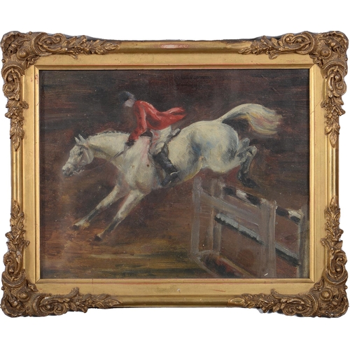 767 - Manner of Sir Alfred Munnings - A Showjumper, oil on canvas laid on board, 19 x 24cm... 